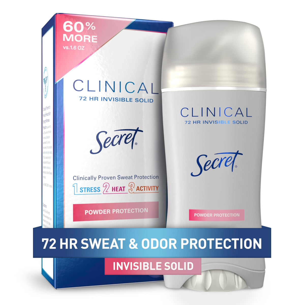 Secret Clinical Strength Antiperspirant Deodorant for Women, 3X Stress Protection, 72hr Sweat & Odor Protection, PH Balancing Minerals, Invisible Solid, Powder Protection Scent, 2.6 oz