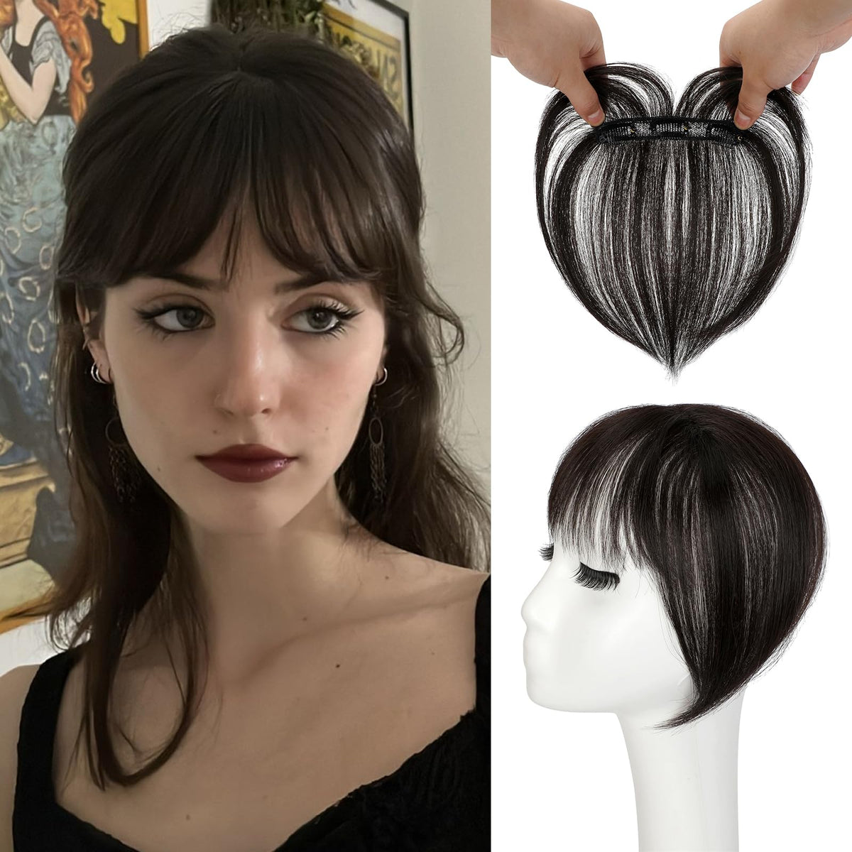Cephermer Bangs Hair Clip in Bangs 360°3D Cover Hair Topper Synthetic HairPieces for Women Dark Brown Wispy Fake Bangs Toppers for Daily Wear