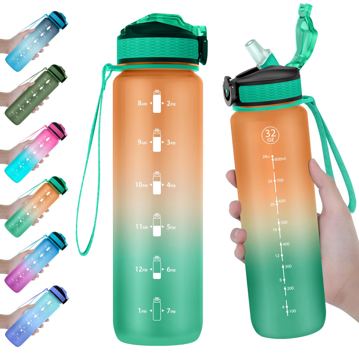 EYQ 32 oz Water Bottle with Time Marker, Carry Strap, Leak-Proof Tritan BPA-Free, Ensure You Drink Enough Water for Fitness, Gym, Camping, Outdoor Sports (Orange/Green Gradient)