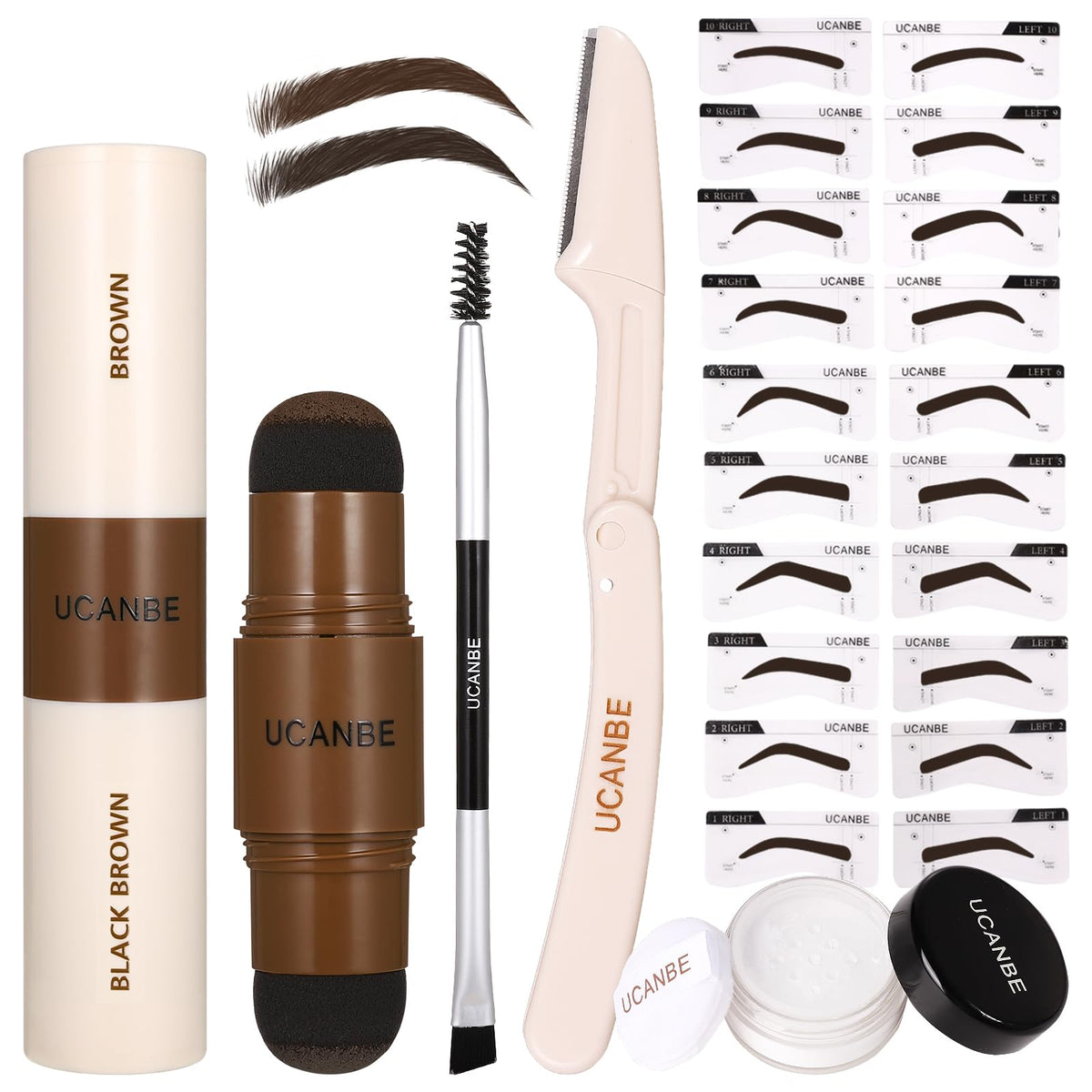 UCANBE 25PCS Eyebrow Stamp Stencil Kit With Dual-Color Eyebrow Stamp Pomade,20 Reusable Eyebrow Stencils,Finising Powder,Brush,Eyebrow Razor,Zipper Pouch,Waterproof Eye Brow Stamping and Shaping Kit05