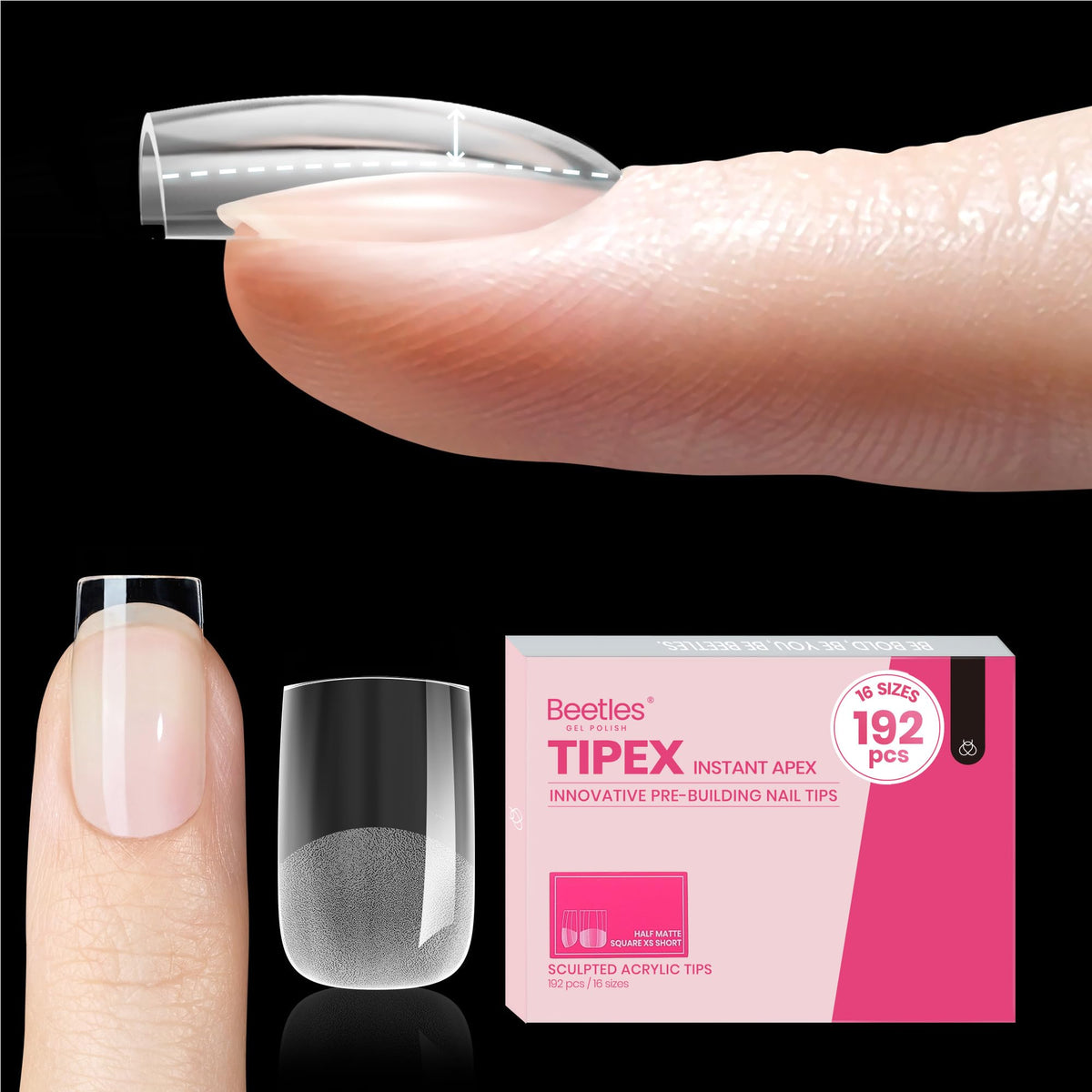 Beetles Tipex Instant Apex Nail Tips Extra Short Square: 192 Pcs Pre-Building&Pre-Etched Short Square Gel Nail Tips Full Cover Half Matte False Glue on Nail Tips -Thick Acrylic Nail Set for Flat Nails