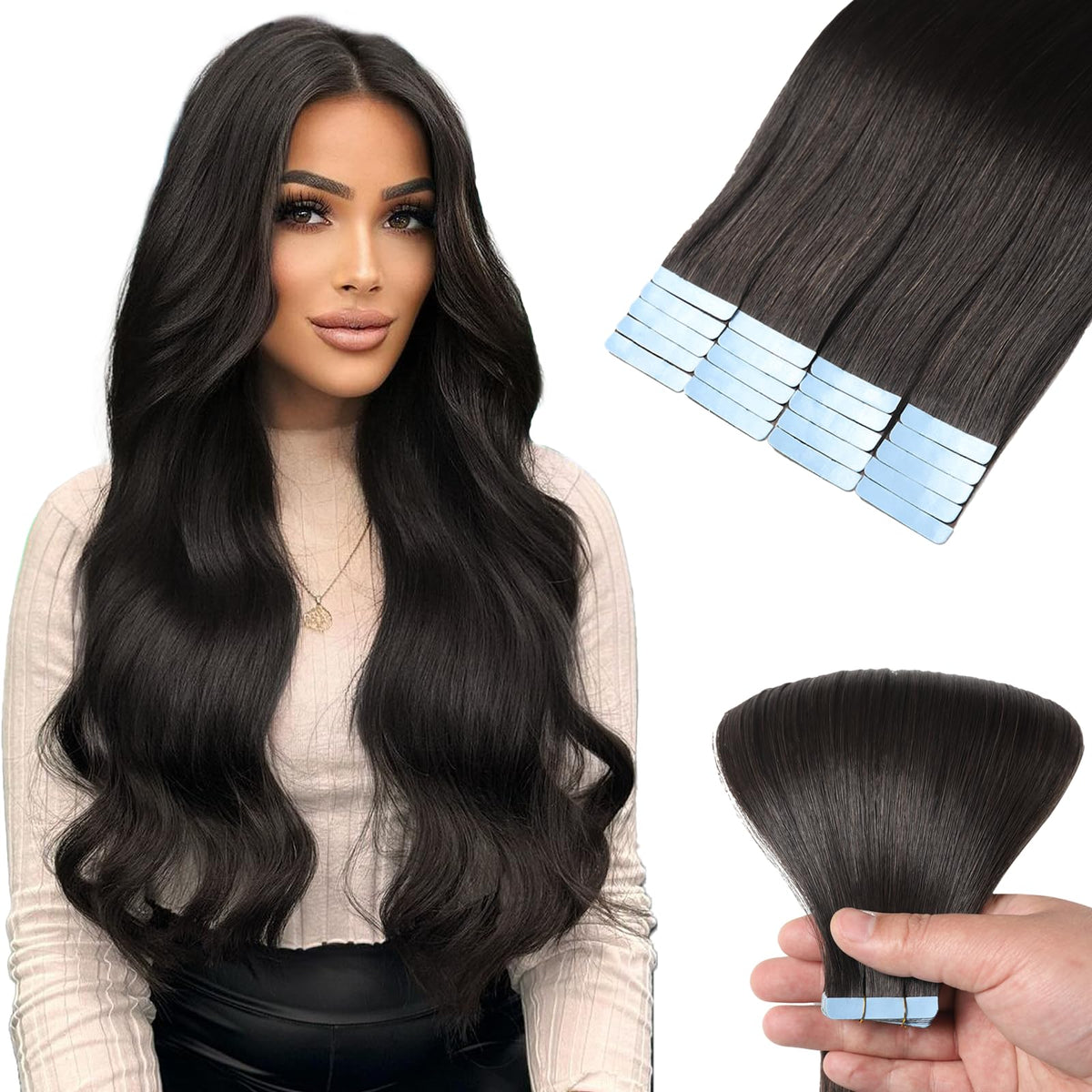 Mifes Tape in Hair Extensions Human Hair Natural Black #1B 20pcs/50g 22 Inch Natural Hair Extensions Remy Hair Invisible Long Tape in Hair Extensions Soft Natural Hair For Women
