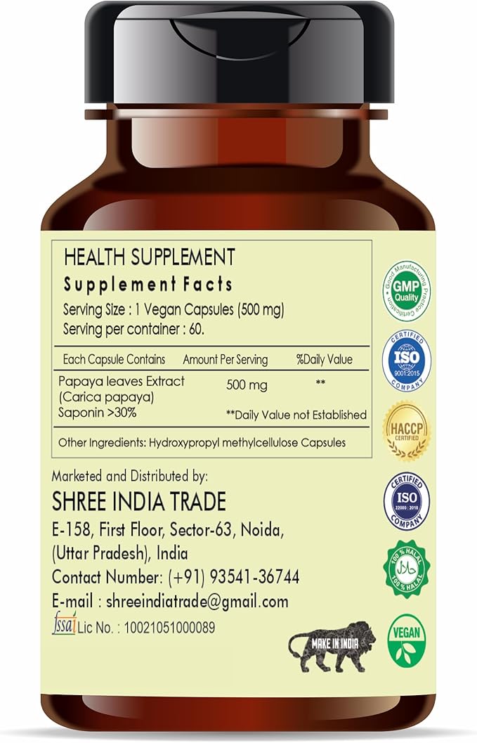 Papaya Extract 500mg - 60 Vegetarian Capsules | Carica Papaya | All Natural | 100% Vegan | Gluten-Free | GMP Certified.