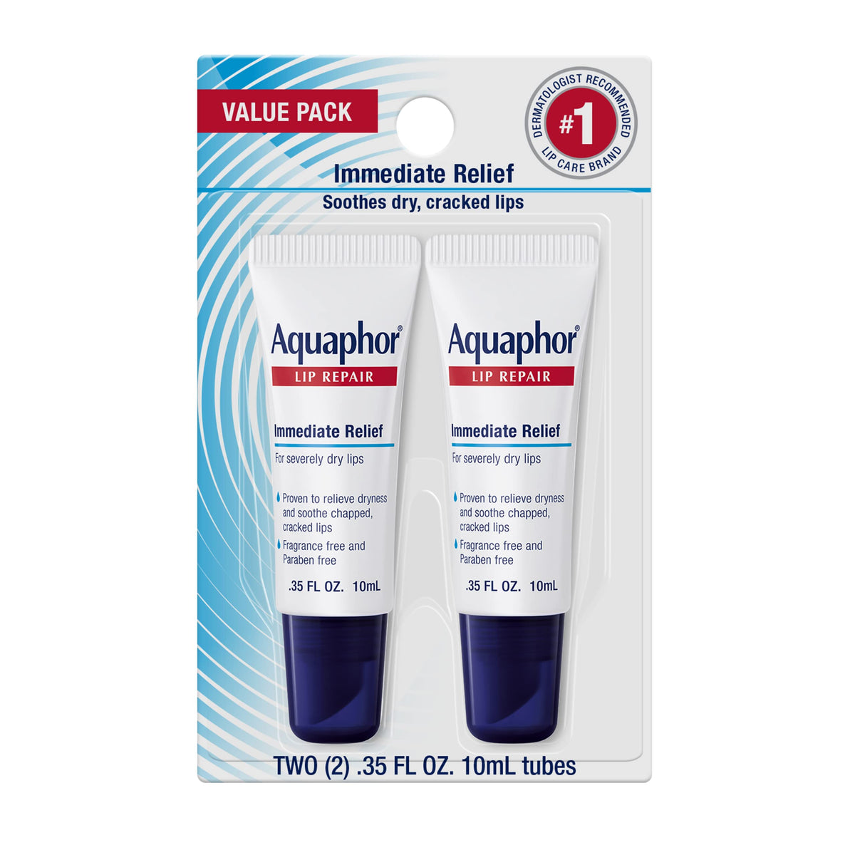 Aquaphor Lip Repair Ointment, Moisturizing Lip Balm Pack, Relieves Dryness, 0.35 Tube, Pack of 2