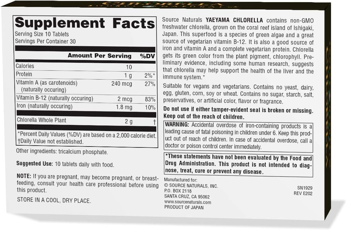 Source Naturals Yaeyama Chlorella Box 200 mg Freshwater Green Superfood, Plant-Based B12-300 Tablets