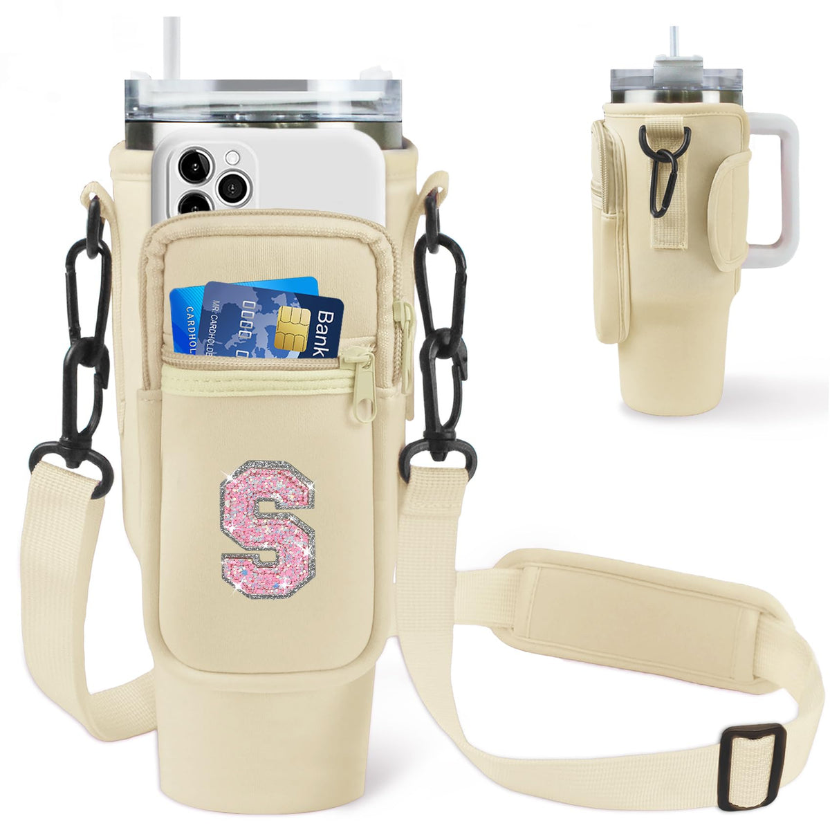 Aganmi Initial Water Bottle Carrier Bag with Phone Pocket for Stanley 40Oz Cup Accessories,Water Bottle Holder with Shoulder Strap Christmas Birthday Gifts for Family Friend Girlfriend (Cream S)