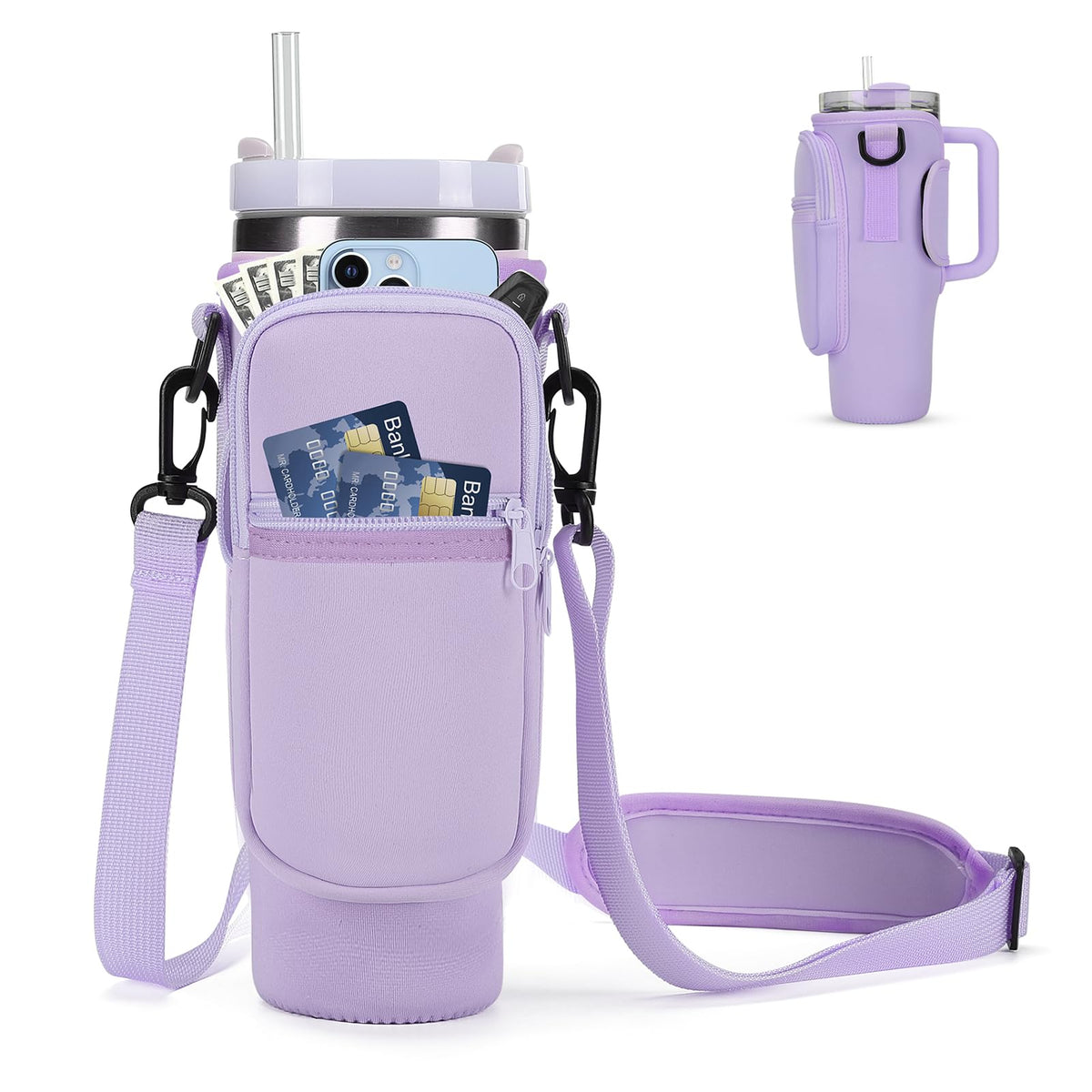 GOEWY Water Bottle Carrier Bag for Stanley 30oz Tumbler with Phone Pocket Water Bottle Holder with Strap Neoprene Water Bottle Pouch for Stanley Cup Accessories