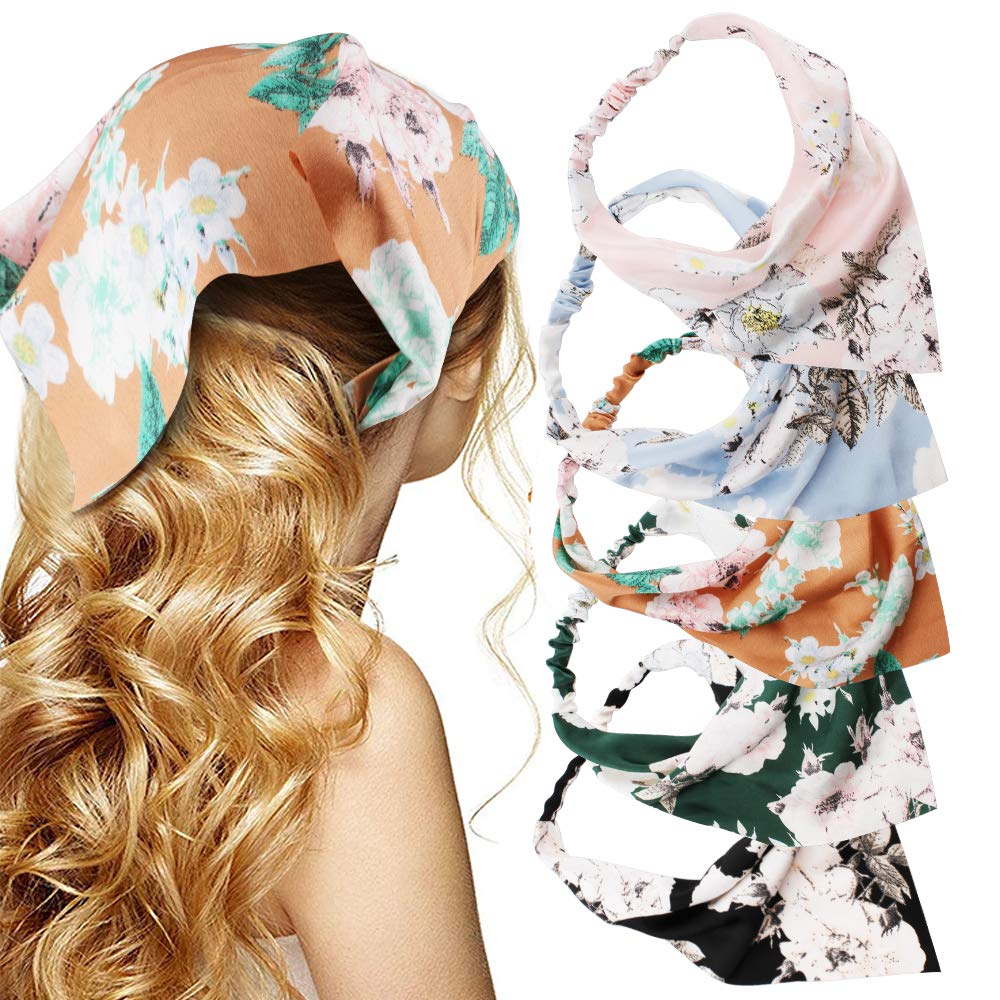 TOBATOBA Beautiful Floral Chiffon Headbands - 5 Pcs Boho Elastic Thin Fashion Headbands for Women