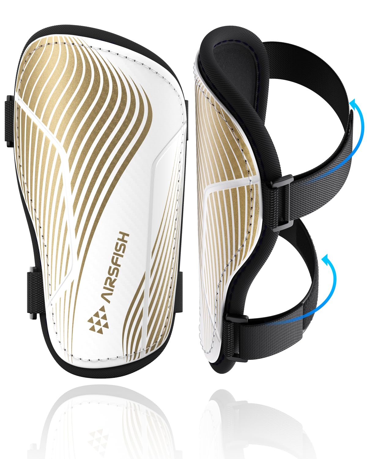 Shin Guards Soccer Kids Youth, CE Certified AirsFish Shin Guard Protection Gear for 2-18 Years Old Boys Girls Teenagers High Impact Resistant Comfortable 1 Pair (White+Gold Wave, XX-Small)