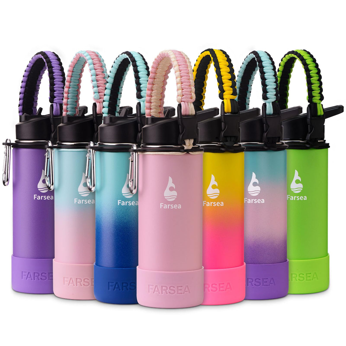 Farsea Insulated Water Bottle With Paracord Handle, Protective Boot and 2 Lids (Straw Lid & Spout Lid), Stainless Steel Water Bottle Wide Mouth, Double Wall Sweat-Proof BPA-Free, 18 oz
