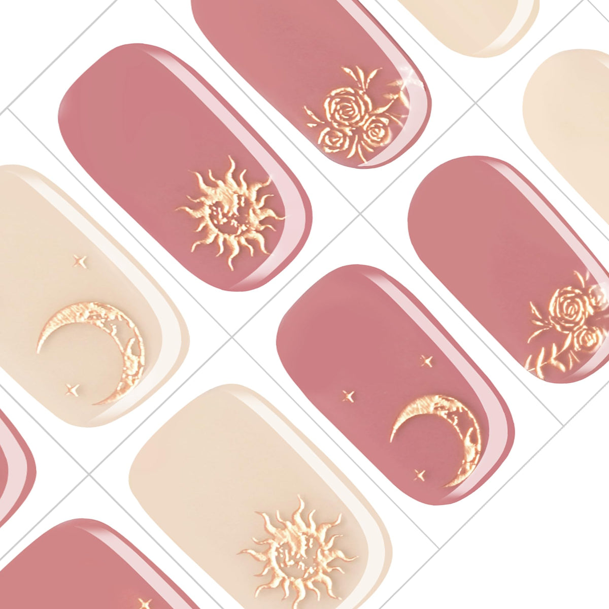 GelMala Semi Cured Gel Nail Strips Moon Semitransparent Pink Beige Gold Foil Gel Nail Strips Long Lasting, Easy to Apply&Remove Gel Strips for Nails Gel Nail Wraps,Easy for begginners (Astrologie)