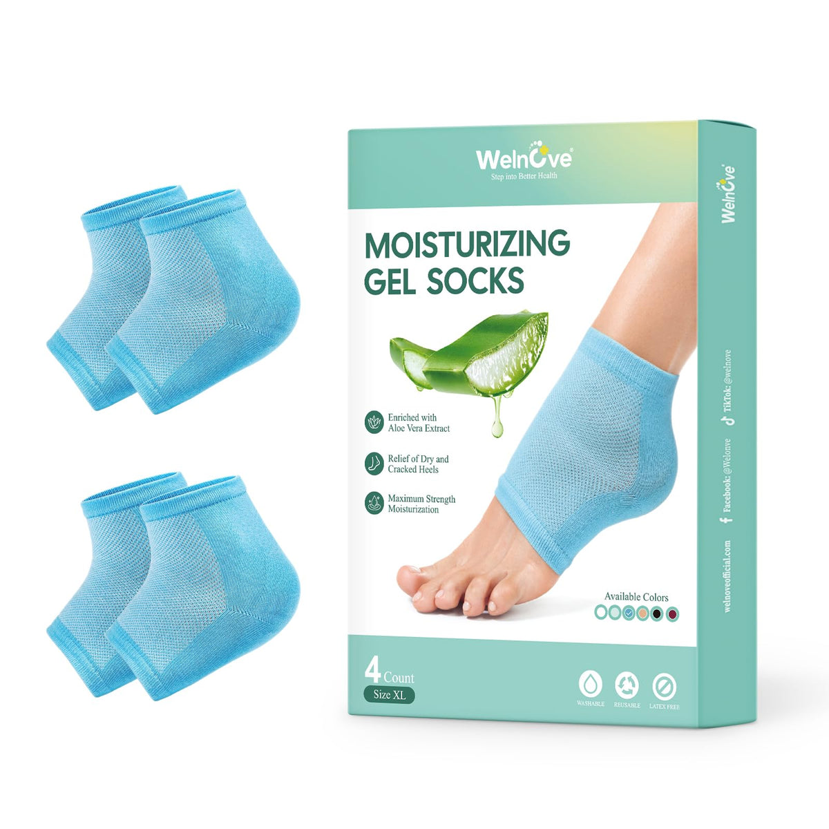 Welnove Moisturizing Heel Socks - 2 Pairs Aloe Vera Extract Infused Gel Lining for Dry Feet - Cracked Heel Repair Treatment - Cotton Socks for Women Men Foot Care (Blue, Extra Large)