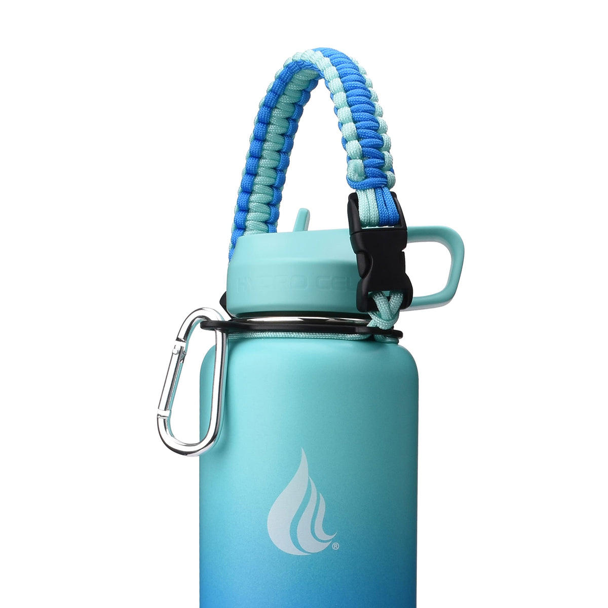 HYDRO CELL Paracord Handle for Wide Mouth Water Bottles - Carrier Strap w/Attachment Ring and Carabiner Accessory. Compatible w/ 64oz, 40oz 32oz, 24oz, 18oz, 14oz Insulated Bottles (Blue/Teal)