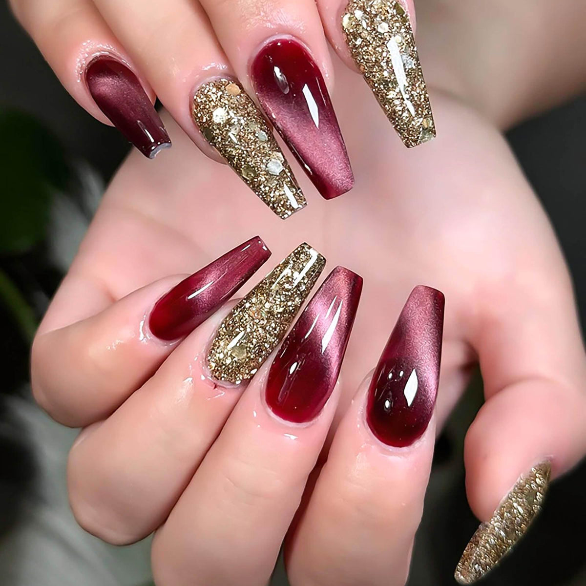 RUOKEXIN Long Coffin Press on Nails Cat Eye Fake Nails Gold Glitter False Nails with Designs Long Nail Press ons Full Cover Glue on Nails Sparkly Artificial Nails Cute Stick on Nails for Women 24Pcs