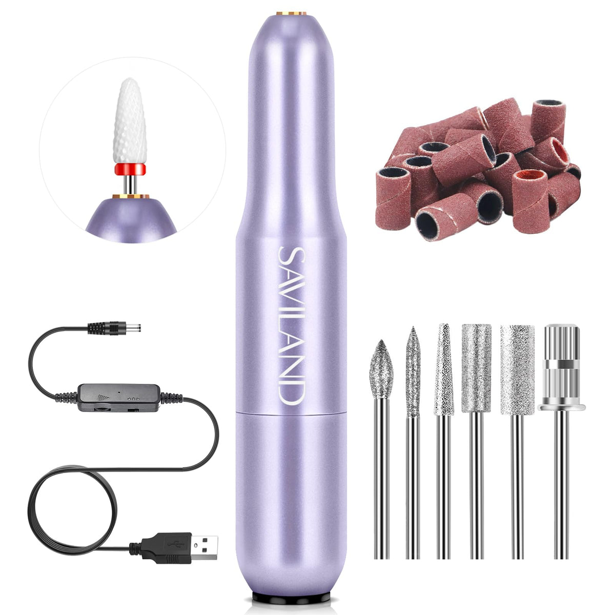 SAVILAND Portable Electric Nail Drill: Nail Drill Kit 20000RPM Purple Cuticle Bit Nail File 51 Sanding Bands Beginners at Home Manicure Pedicure