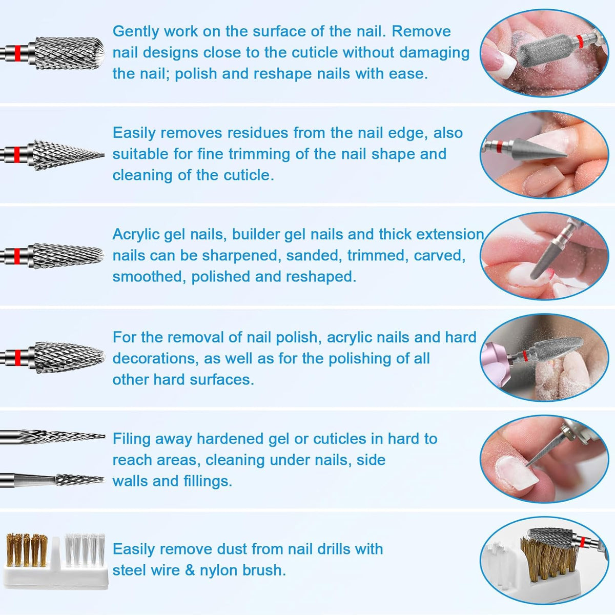 6 Pack Nail Drill Bits for Acrylic Nails, 3/32"" Shank Drill Bits for Nails, Professional Electric Cuticle Bit for Nail Drill, Cuticle Cleaner Nail Gel Polish Remover Tool for Home Salon-Red