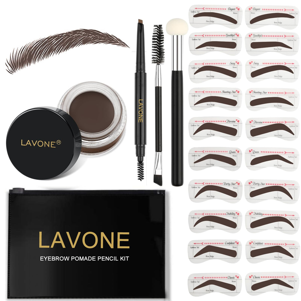 LAVONE Eyebrow Stamp Stencil Kit - Brow Stamp Trio with Waterproof Pencil, Pomade, 20 Stencils, Dual-ended Brush and Sponge Applicator - Dark Coffee