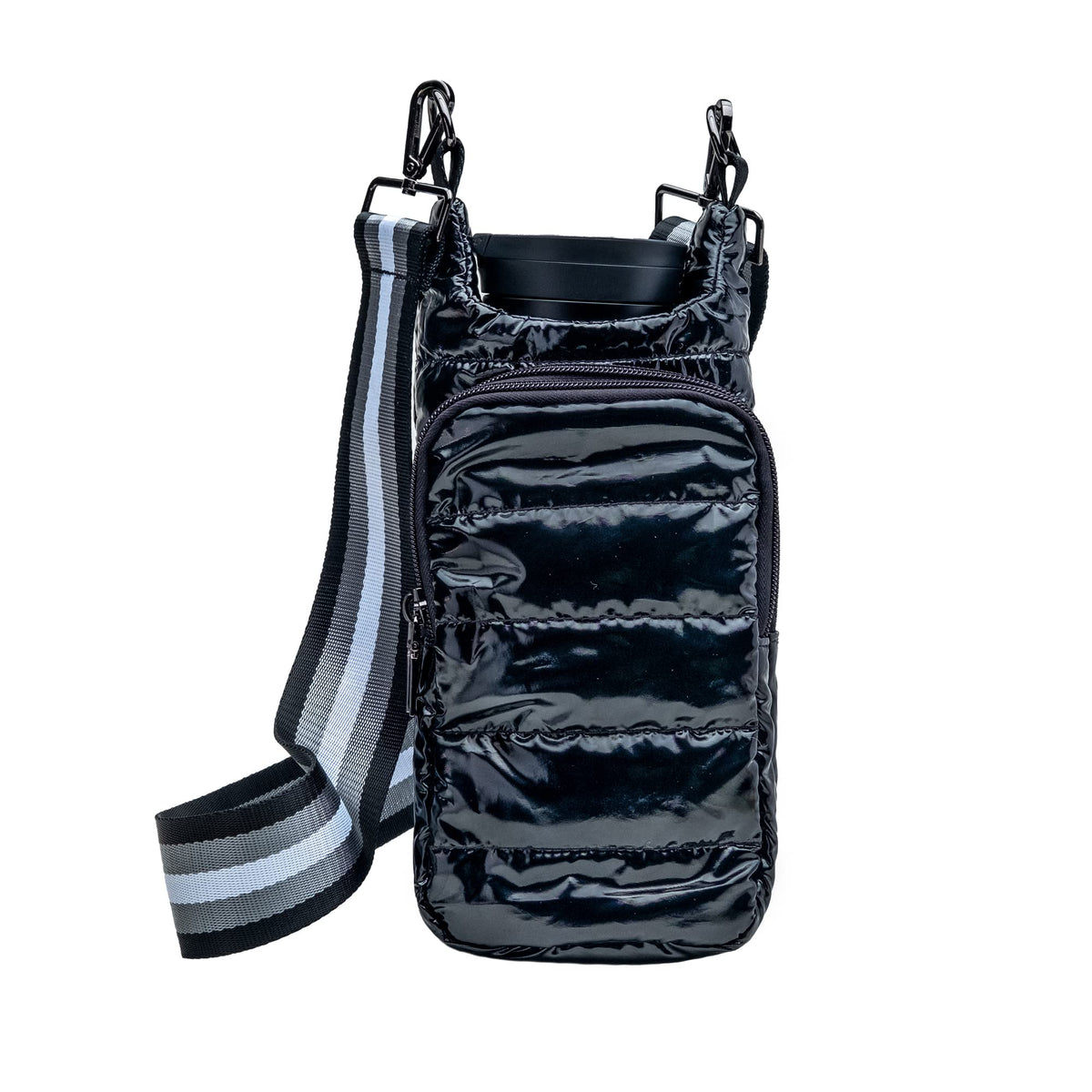 WanderFull Original Crossbody HydroBag | Quilted Water Bottle Carrier | Puffer Tote Tumbler Holder with Pockets for Phone & Accessories | Carry Travel Essentials (Black Glossy/Grey Striped Strap)
