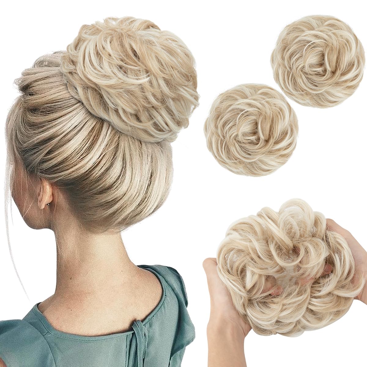 SARLA 2PCS Messy Hair Bun Hair Pieces Wavy Curly Synthetic Updo Fake Scrunchies Ponytail Extension for Women Cream Blonde