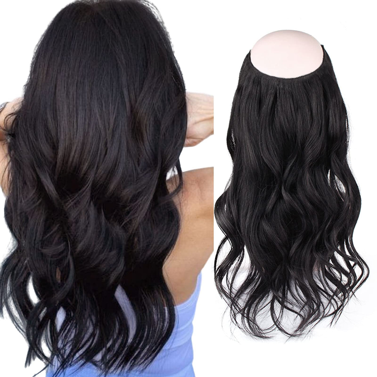 Sassina Invisible Wire Hair Extensions Real Human Hair with Transparent Wire Adjustable Size Secure Clips Natural Straight Secret Miracle Hairpiece, #1 Jet Black 16 Inch 80 Gram