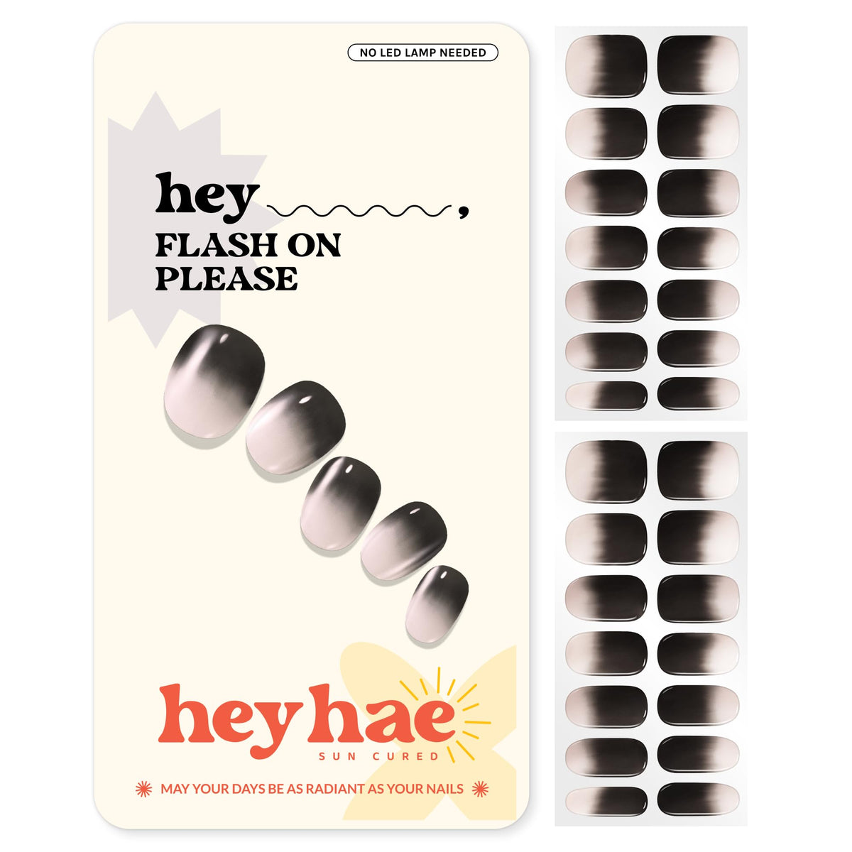 Heyhae Semi Cured Gel Nail Strips | Sun Cured Gel Nail Wraps No LED Lamp Needed Easy Apply & Remove | Includes 28 strips, 1 Prep Pad, 1 Nail File & 1 Wooden Stick - Hey, Flash On Please
