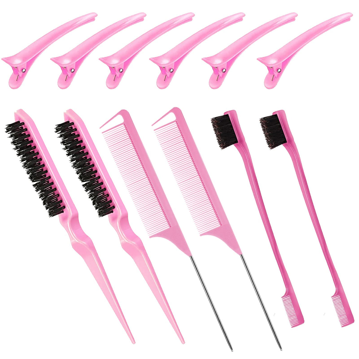 Goiple Hair Styling Brush Set, 12 Pieces Nylon Teasing Hair Brush Rat Tail Comb with Duckbill Clips, Double Sided Edge Brush for Edge & Back Brushing, Combing, Slicking Hair for Women Girls (Pink)