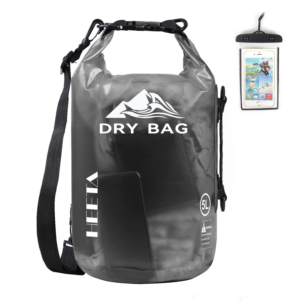 HEETA Waterproof Dry Bag for Women Men, Roll Top Lightweight Dry Storage Bag Backpack with Phone Case for Travel, Swimming, Boating, Kayaking, Camping and Beach, Transparent Black 5L