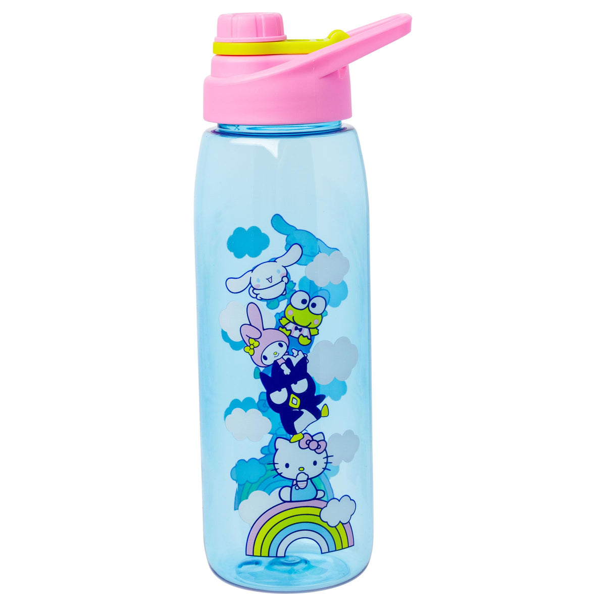 Silver Buffalo Sanrio Hello Kitty and Friends on a Rainbow Featuring Badtz-Maru, My Melody, Keroppi, and Cinnamoroll Water Bottle with Screw Lid, 28 Ounces