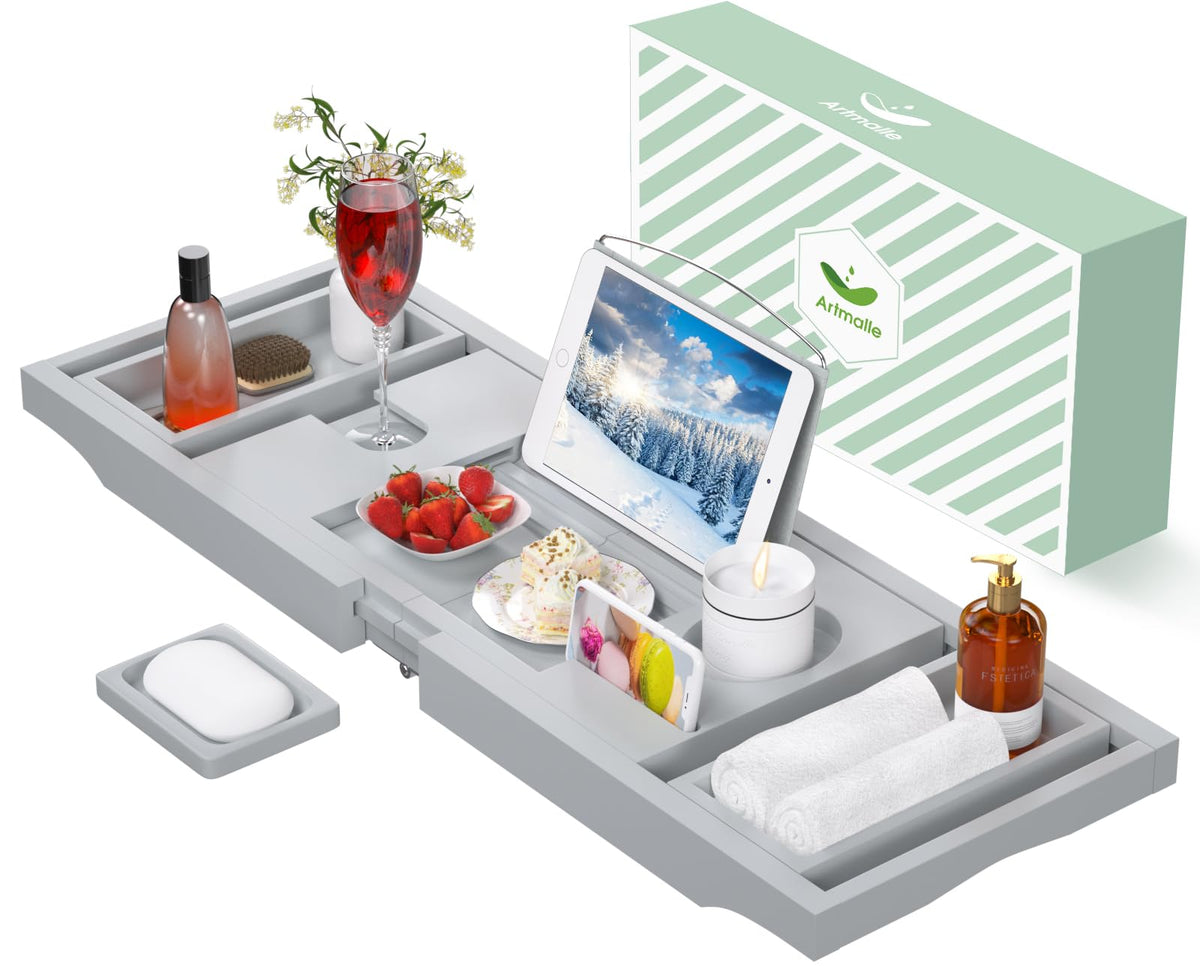 Artmalle Bathtub Tray Bath Caddy for Tub - Bamboo Adjustale Organizer Tray Bath Table for Bathroom, Foldable Luxury Tub Tray with Book Holder for Home Spa and Gift Choice, Gray