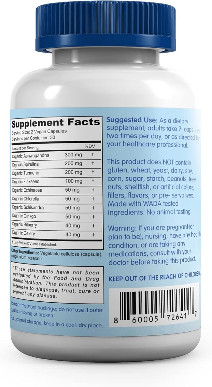 Ashwagandha Advantage, USDA Organic Blend for Stress Relief, Mood & Adrenal Support. Made with Ashwagandha, Turmeric, Spirulina, and More- 60 Capsules Pure Non-GMO Vegan Supplement