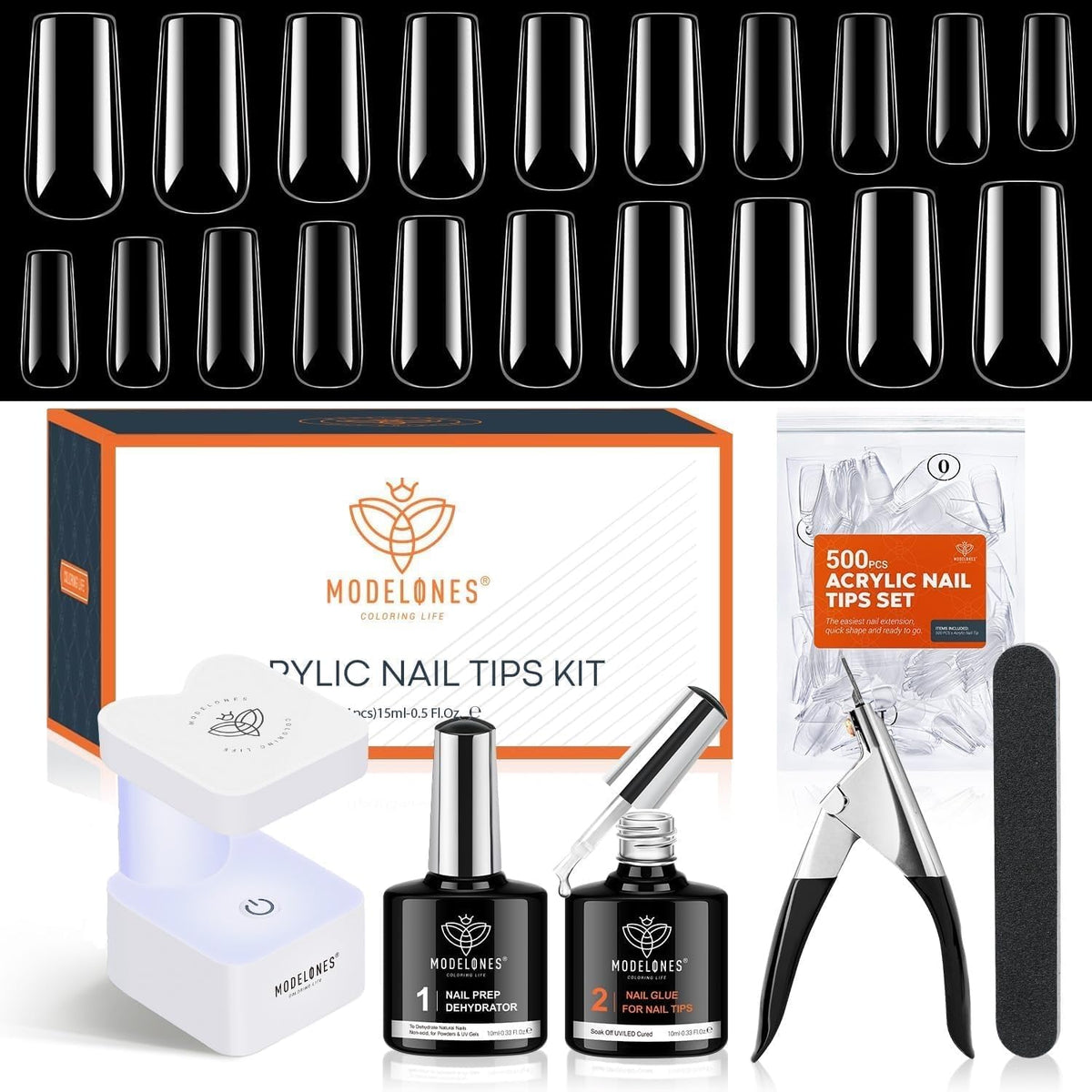modelones Gel Nail Kit, Square Nail Tips, 9-in-One Glue Prep Dehydrator & Portable Mini U V Light Acrylic Clipper, 500Pcs Medium Square Tips for Extension Kit DIY Salon Home Gift