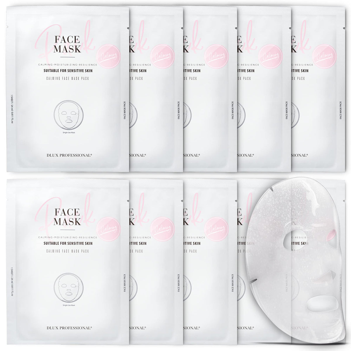 DLUX PROFESSIONAL Calming Face Mask Pack - 10 Pcs Calm Irritated Skin, Treats Dry and Dull Skin, Natural Radiance, Antioxidant Effects, Revitalize the Skin, Skin Repair Mask, Anti-Aging