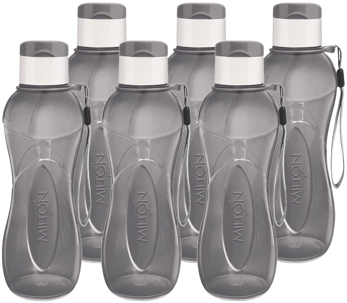 MILTON Water Bottle Kids Reusable Leakproof 12 Oz Plastic Wide Mouth Large Big Drink Bottle BPA & Leak Free with Handle Strap Carrier for Cycling Camping Hiking Gym Yoga (Black 6 pack)