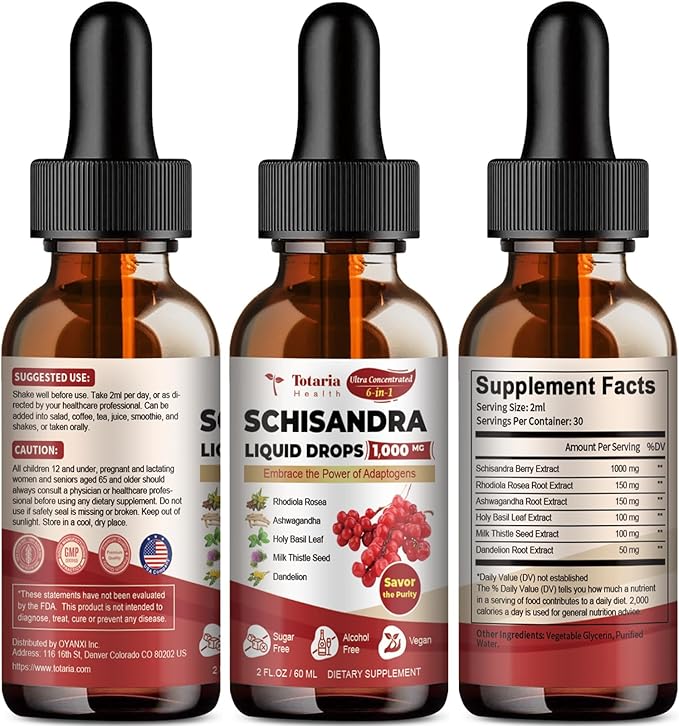 Schisandra Supplement 6-in-1 Schisandra Berry Drops with Rhodiola Rosea, Ashwagandha, Holy Basil, Milk Thistle, Dandelion Root Adaptogen for Mood Stress Liver Health 2Fl.Oz