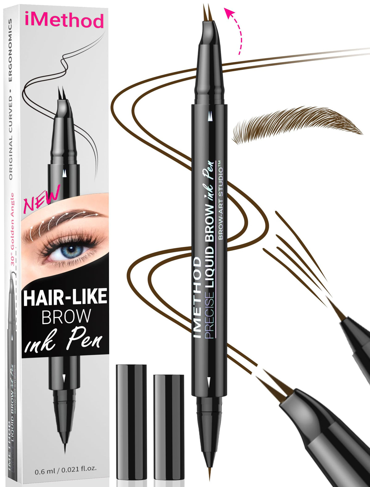 iMethod Curved Eyebrow Pen - Eyebrow Pencil, Brow Pencil 2-in-1 Dual-Ended Microblading Eyebrow Pen with Micro-Fork-Tip and Precise Brush-Tip Create Natural Hair-Like Brows, Last All-Day, Dark Brown