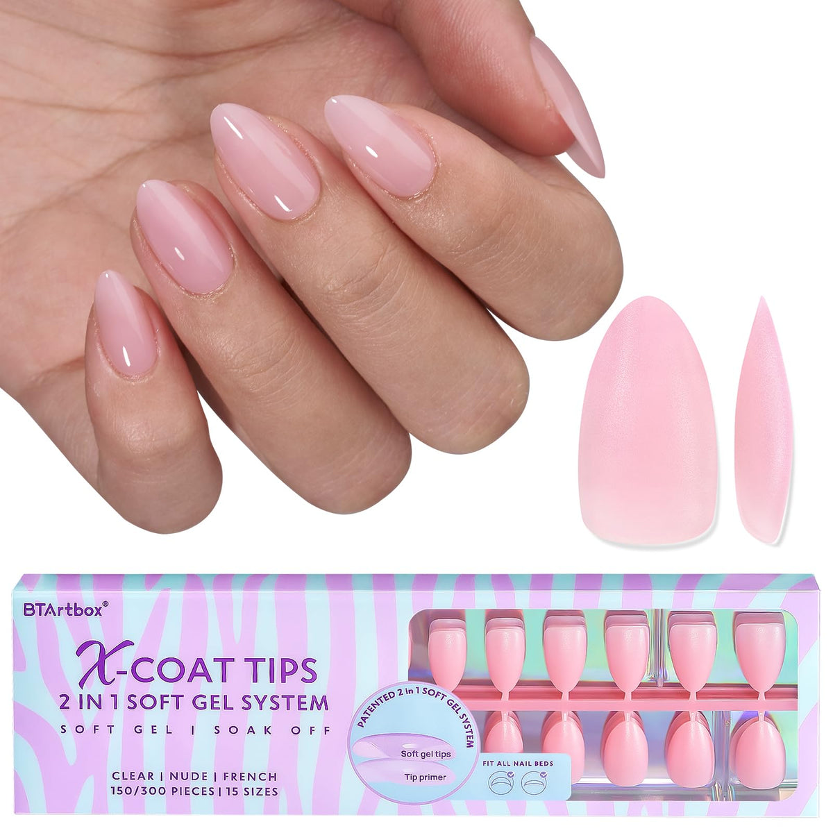 BTArtbox XCOATTIPS Natural Nail Tips -Short Almond Press On Nails Pink, Long Lasting Soft Gel Nails False Nail, Soak Off Acrylic Fake Nails Extensions for Nail Art DIY