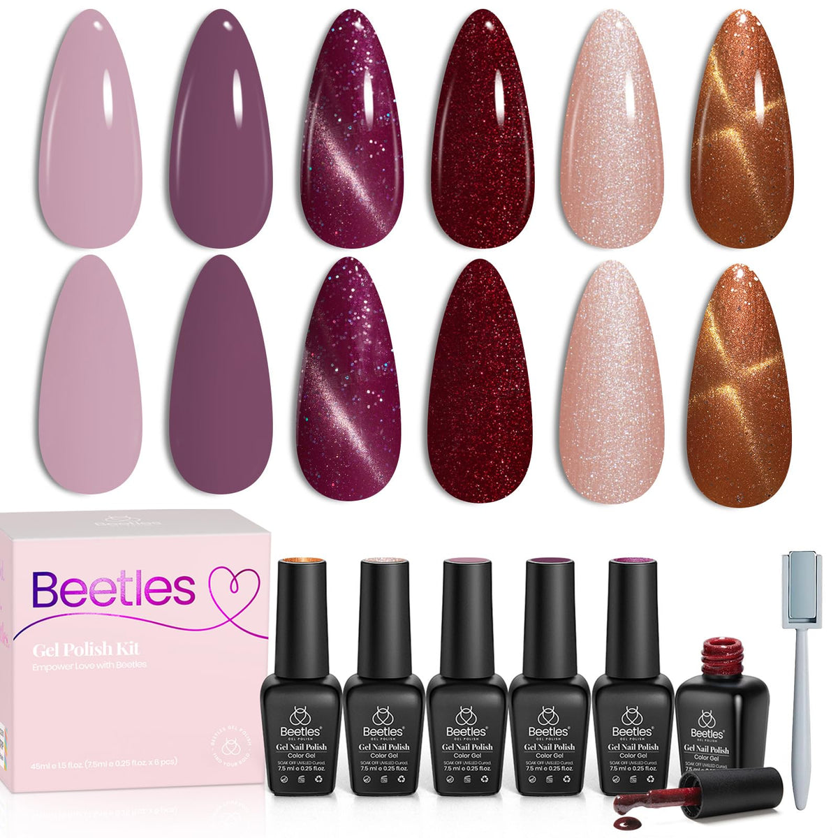 Beetles Cat Eye Gel Nail Polish Set, 6 Colors Purple Glitter Nude Sparkle Stunning Champagne Burgundy Gold lavender Magnetic Effect Nail U v Gel Polish Art Design Gifts for Women