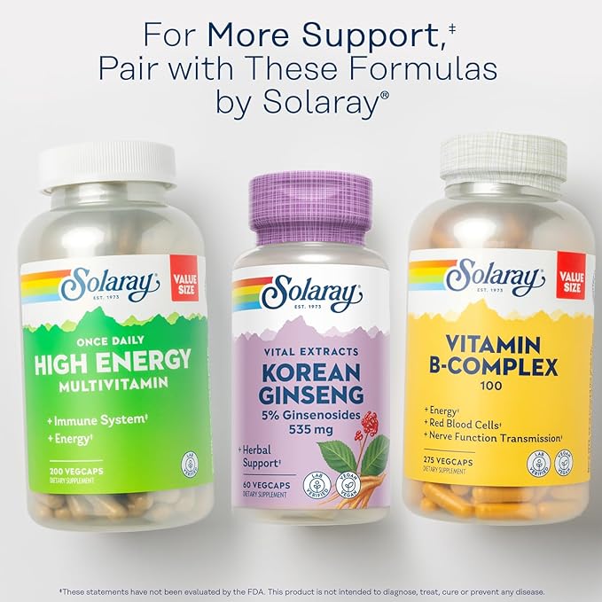 SOLARAY Korean Ginseng Root Extract - Herbal Support for Occasional Stress, Energy, and Physical Endurance - 5% Ginsenosides - Vegan, Lab Verified - 60 Servings, 60 VegCaps