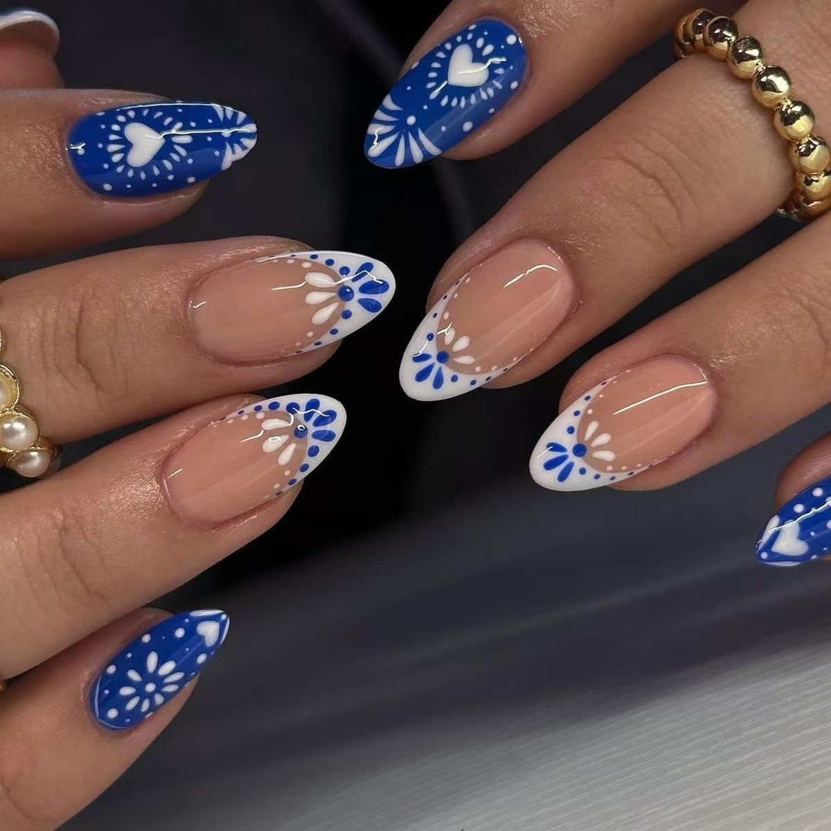 Blue White Totem Press on Nails French Tip Fake Nails Short Almond False Nails with Design Heart Glue on Nails Glossy Artificial Acrylic Full Cover Nude Stick on Nails for Women Manicure 24Pcs