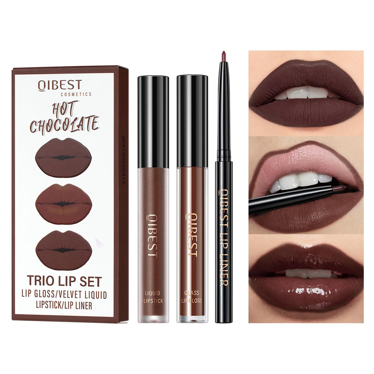 QiBest 3-in-1 Dark Red Lipstick Set for Women & Teen Girls, Matte Liquid Lipstick + Lip Gloss + Gel Lip Liner Pencil Trio Lip Gift Kit for 24 Hours Long Lasting & Waterproof Lip Makeup (Hot Chocolate)