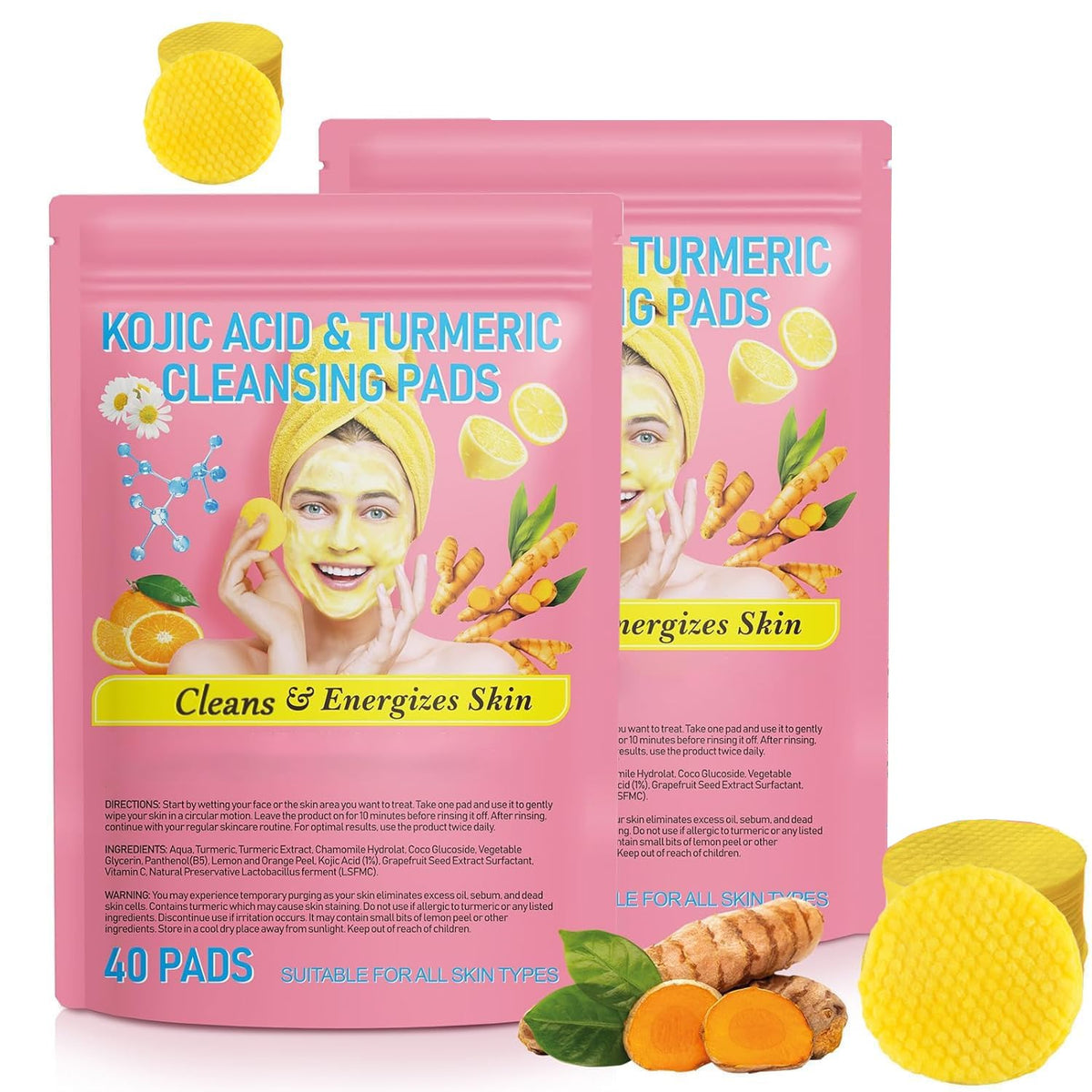 Aiwejay 80PCS Turmeric Face Scrub Pads,Turmeric Kojic Acid Cleansing Pads with Vitamin B5, Vitamin C Turmeric, Sugar Turmeric Cleansing Pads for Face (40 Count (Pack of 2))
