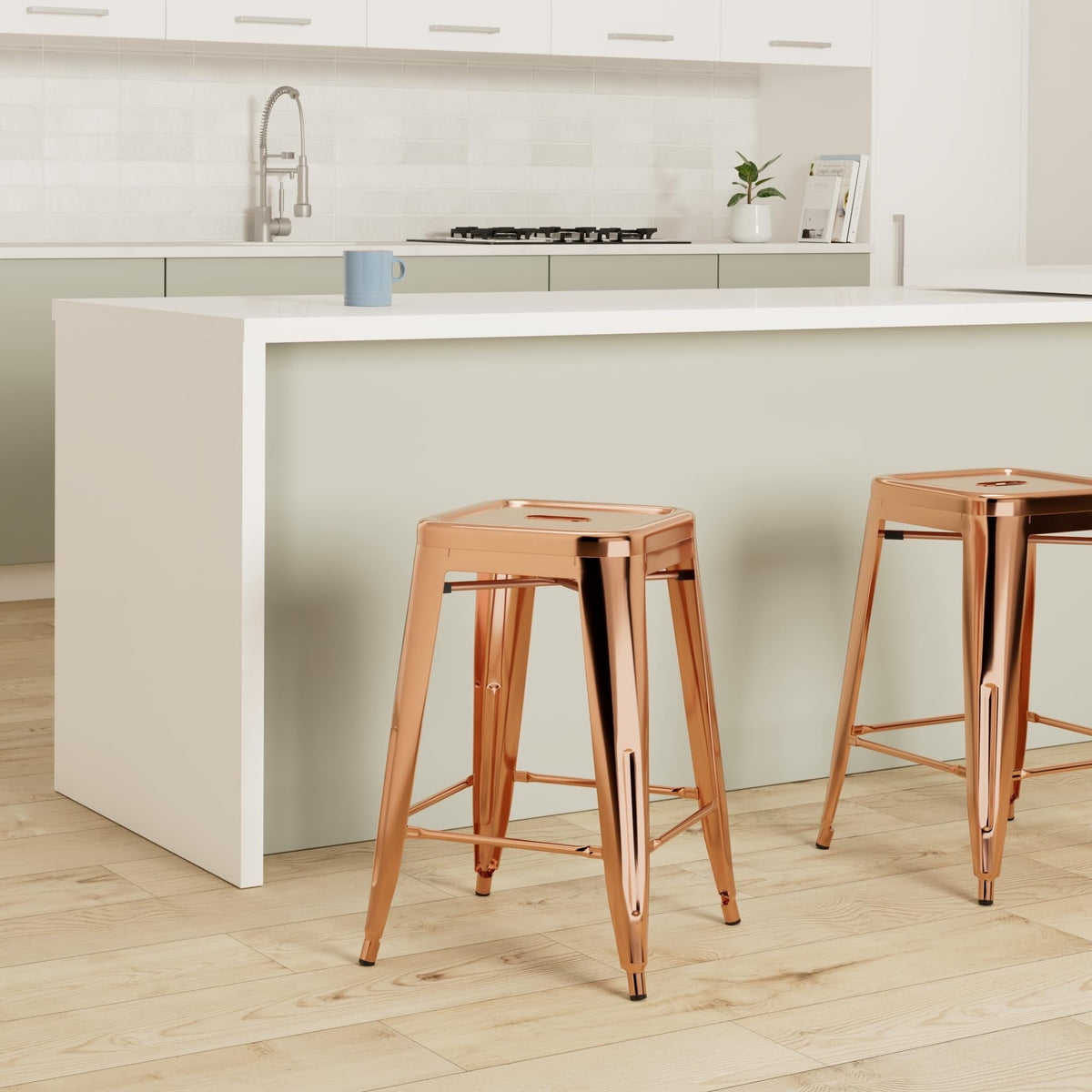 24 Inch Metal Bar Stools Set of 2, Stackable Backless Industrial Stools for Indoor Outdoor Kitchen Dining Patio Garden Classroom (Rose Gold)