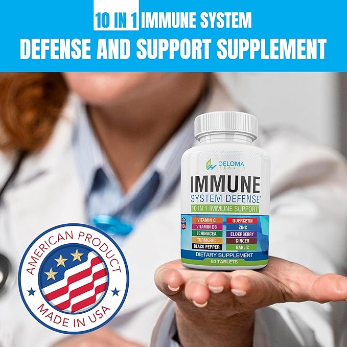 10 in 1 Immune System Support Supplement - Vitamin C (1000 mg), Quercetin, Vitamin D3 (5000iu), Zinc (40 mg), Elderberry, Echinacea, Turmeric, Ginger, Garlic, Black Pepper