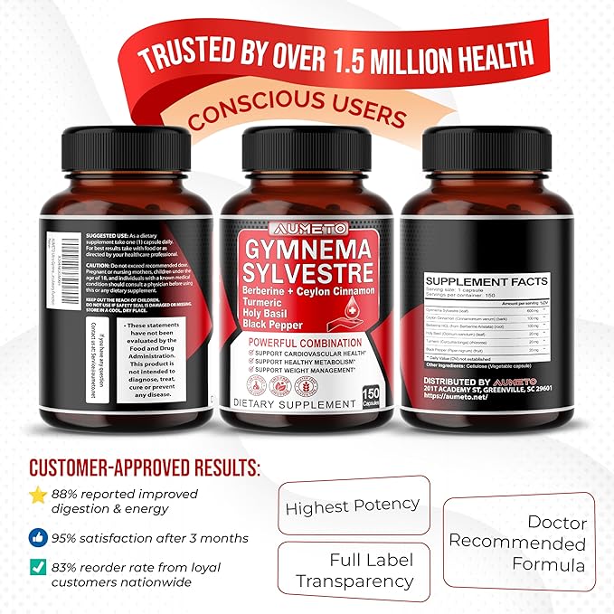 Ultra Gymnema Sylvestre Supplements - Enhanced with Berberine Ceylon Cinnamon Holy Basil for Optimal Immunity, Pancreatic & Circulatory Function