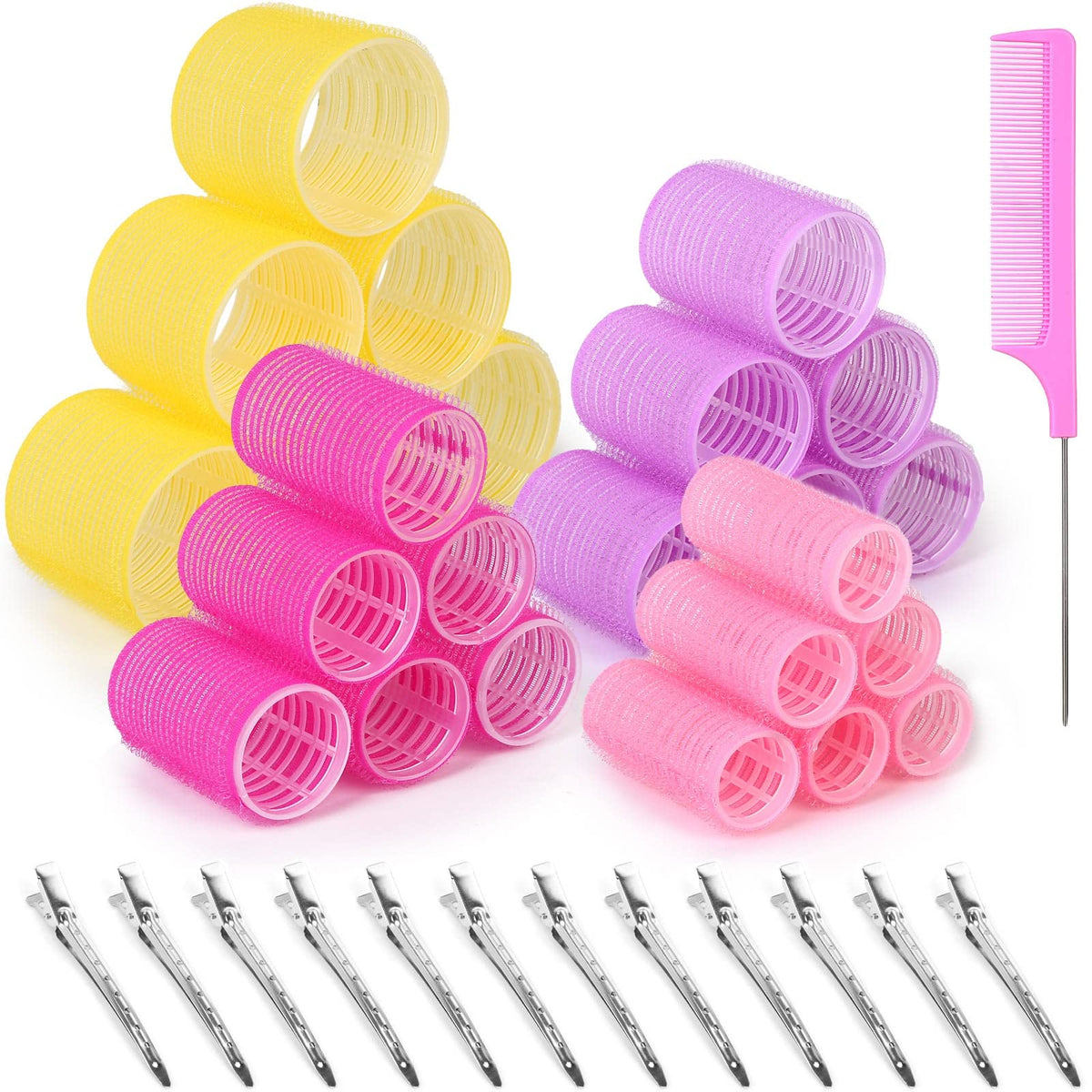 Self Grip Hair Rollers Curlers Set 36Pcs, Hair Roller Sets 4 Sizes (Jumbo, Large, Medium, Small) with Clips and Comb for Long Medium Short Thick Fine Thin Hair Volume