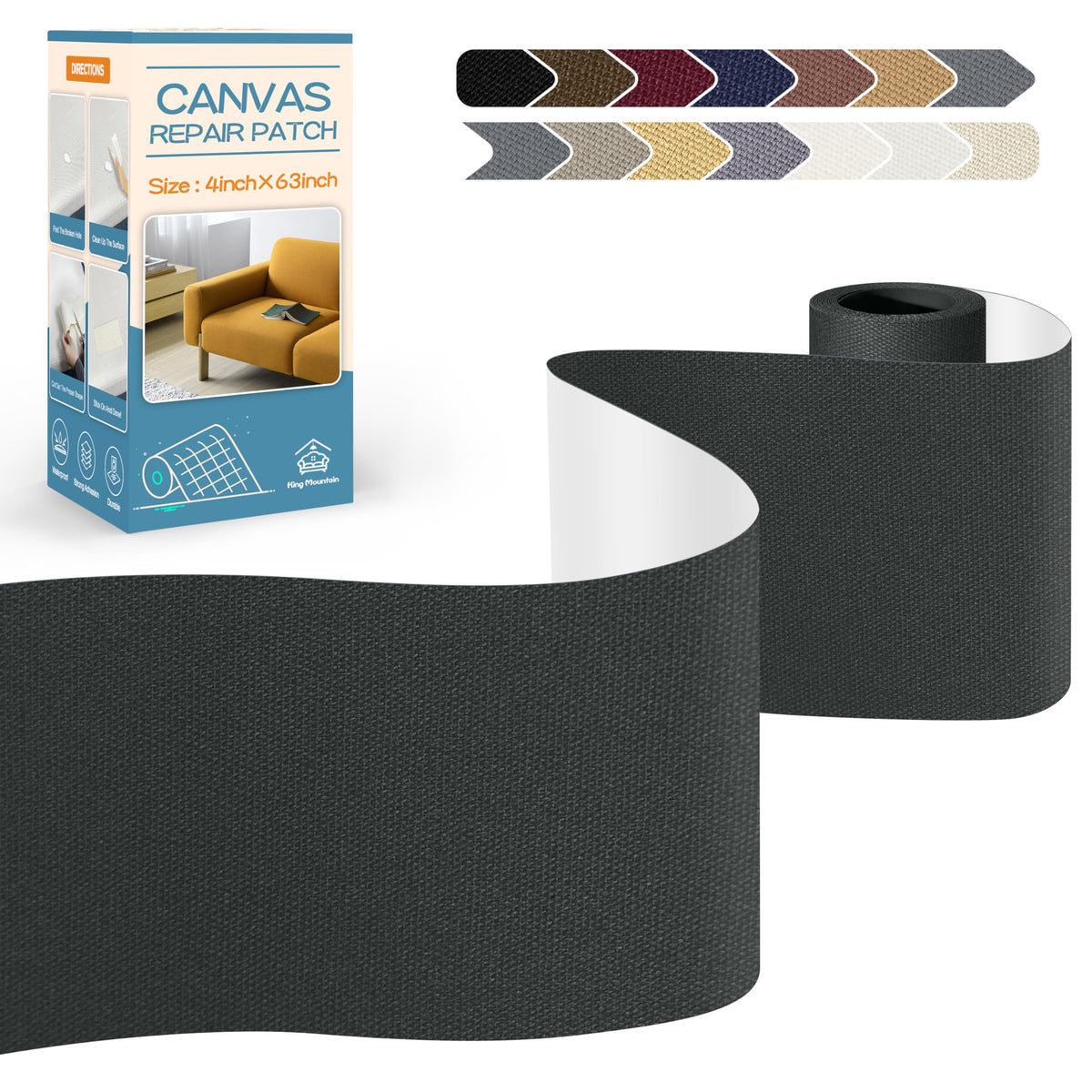 KING MOUNTAIN Canvas Repair Tape,Outdoor Gear Patch, 4×63 Inches,Waterproof,Self-Adhesive for Repairing Boat Covers,Sun Shades,Sofas,Tents,Lounge Chairs,Awnings (Dark Grey)