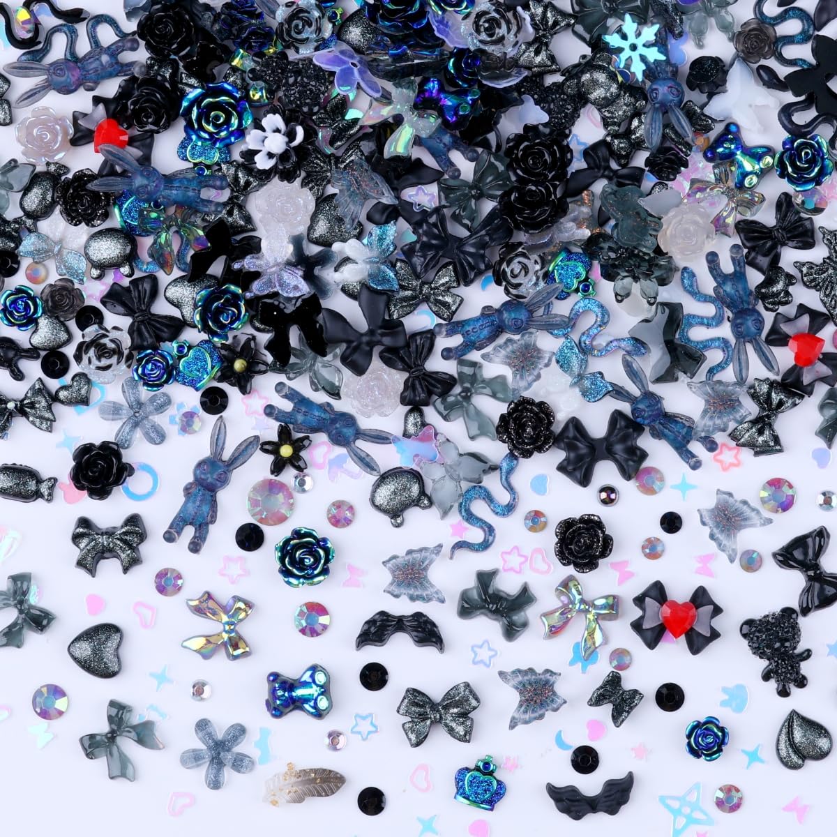 Sinyanail 300pcs Nail Art Charms Kit,Over 100pcs Mixshape Resin Nail Gems and 100 pcs Mixed Flatback Nail Rhinestones Pearls with Over 100pcs Nail Sequins for Nail Art Accessories(Black)