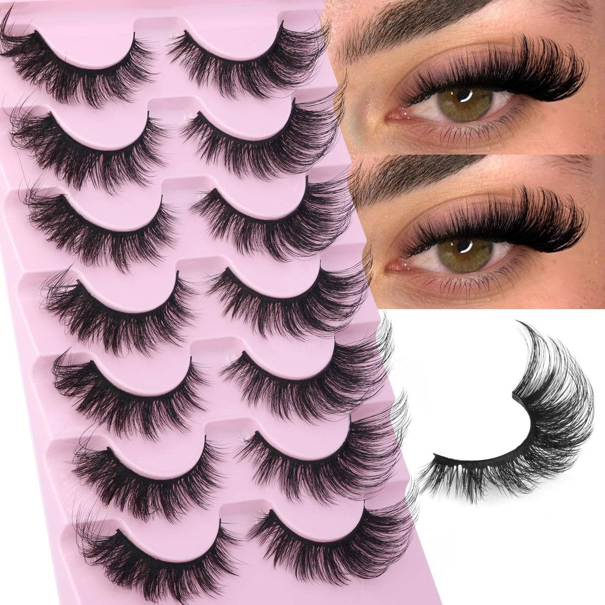EYDEVRO False Eyelashes Fluffy Lashes D Curl Faux Mink Lashes Cat Eye Lashes Wispy Fake Lashes Fox Eye Manga Lashes Volume Strip Lashes 7 Pairs Pack