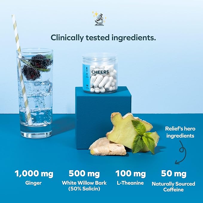 Cheers Relief | Next Morning Aid with Ginger + White Willow Bark | Feel Better After Drinking | 24 Doses | Ginger, White Willow Bark, L-Theanine, Caffeine
