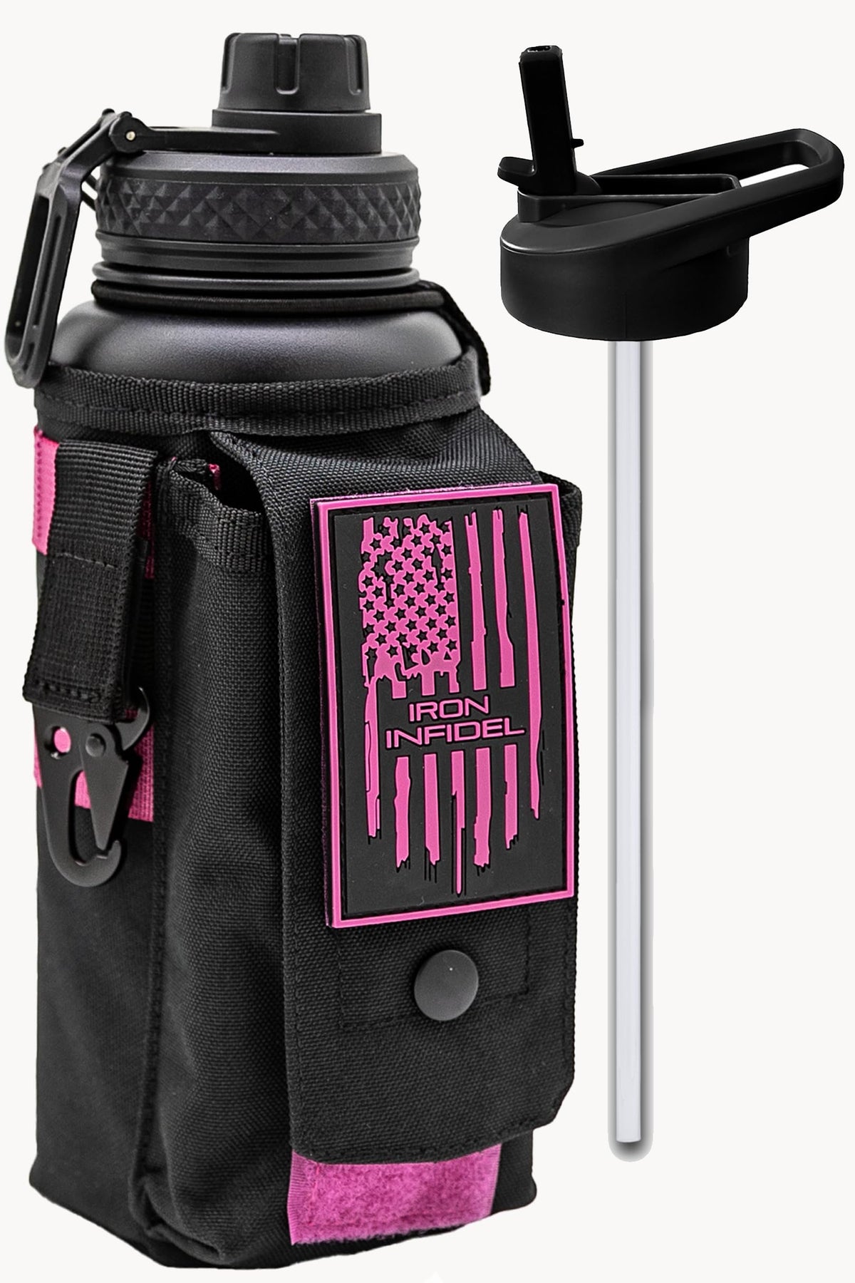 Iron Infidel Battle Bottle - 32 Oz Insulated Water Bottle with Straw Lid & Chug Cap, Stainless Steel Metal Flask Includes Rugged, Removable Sleeve for Keys, Wallet, & Phone (Black/Pink 1 Liter)